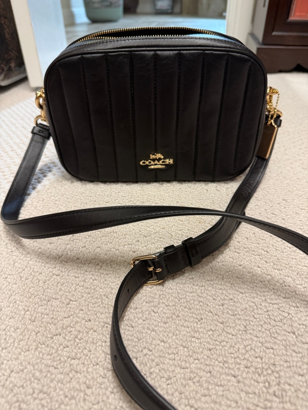Coach Jess PuffyQuilted Leather Camera Crossbody Bag Black & Gold - C1569